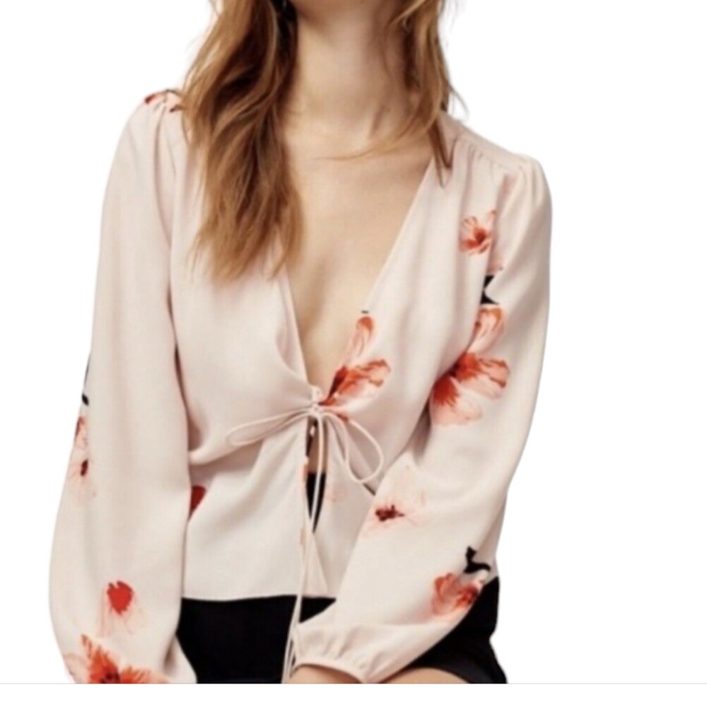 Aritzia Wilfred Tia Floral Tie Front Open Long Sleeve Blouse - M